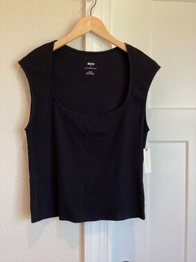 Anthropologie Cap-Sleeve Scoop-Neck Ribbed Cotton Top Maeve NEW Black Large
